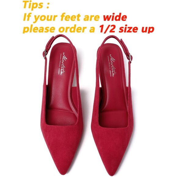 Women's Red Suede Pointed Closed Toe Slingback Kitten Heels Pumps Party Shoes - Picture 4 of 9